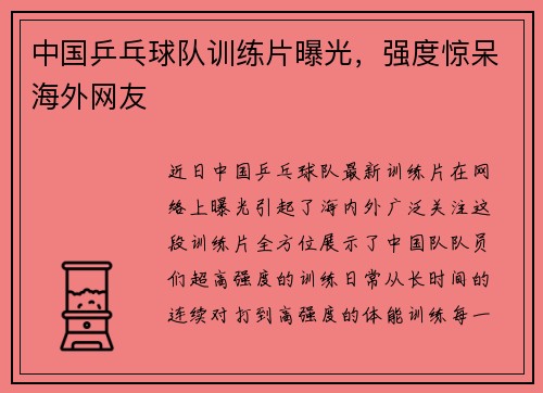 中国乒乓球队训练片曝光，强度惊呆海外网友
