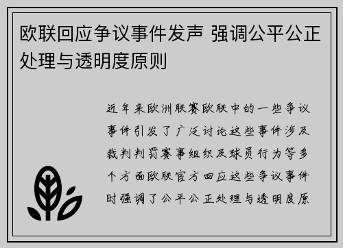 欧联回应争议事件发声 强调公平公正处理与透明度原则